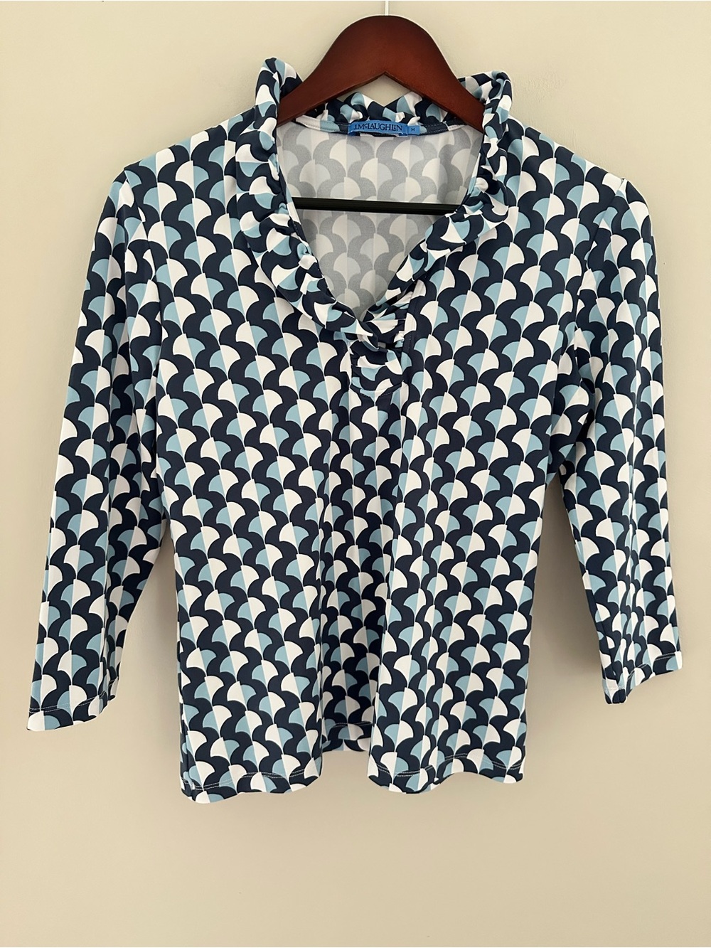 J. McLaughlin Catalina Cloth Top in Navy & White Geometric Ruffle Neck Sz Med